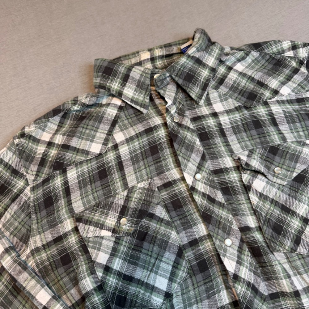 Wrangler Wrancher Mens Large Green Black Plaid Pearl Snap Western Flannel Shirt